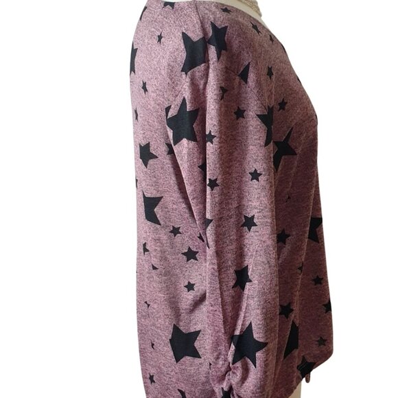 Olivia Blu Knit Tie Front Top L Burgundy Black Stars Cinch LS Boho Y2K Casual - Picture 2 of 6